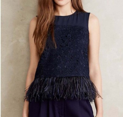 chinese dress ladies Moulinette Soeurs Anthropologie Size 6 Blue Silk Lace Dress Blue / 6