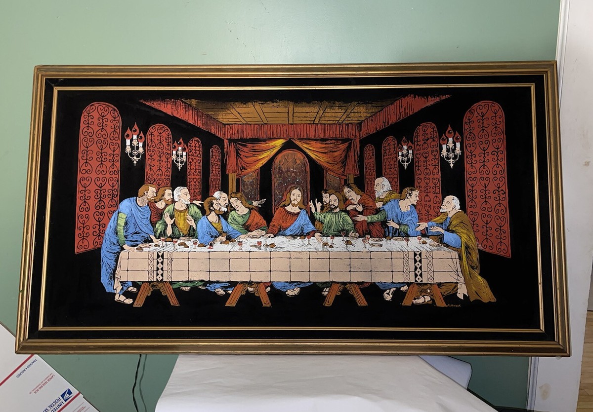 VTG MCM Jesus Last Supper Large Ashbrook Lighted Velvet Painting