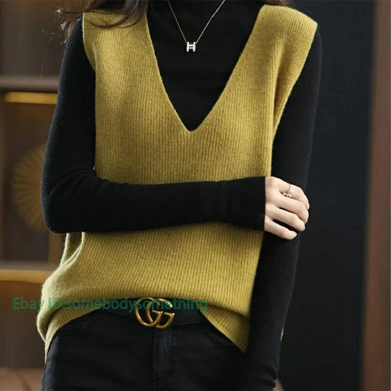 OFF WHITE Maglione donna maglia gilet cappotto sciolto scollo a V tinta unita casual top senza maniche