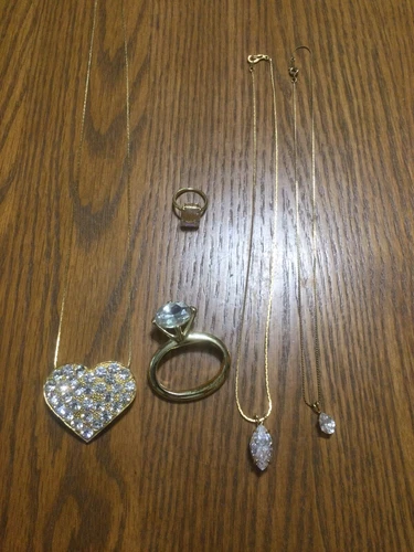 Vintage Gold Tone Costume Jewelry Faux  Diamond Lot. Brooch, Ring And Pendants.