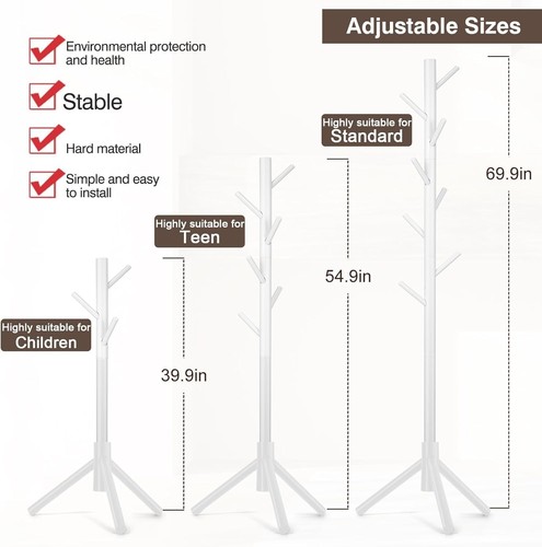 Coat Rack Freestanding Coat Rack with 8 Hooks and 3 Adjustable Size Tree Coat - Picture 2 of 6