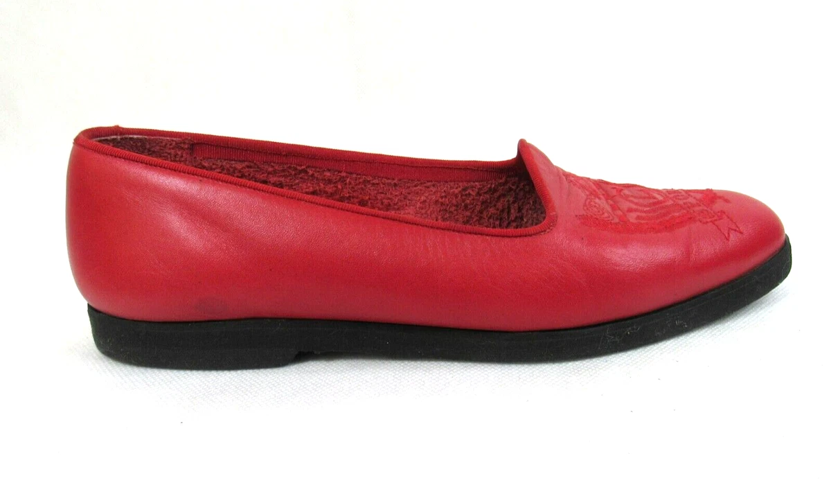Vintage Liz Claiborne Red Leather Monogram Slip On Flats Loafer