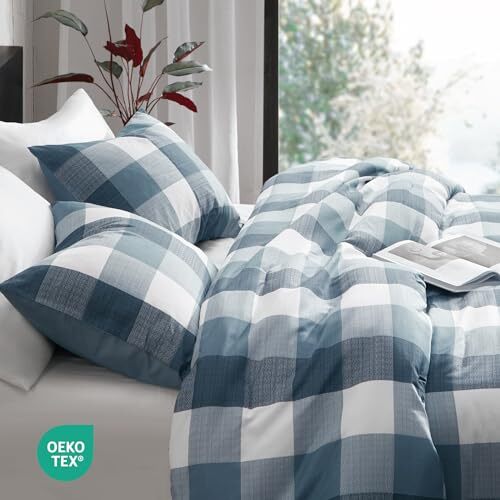 Plaid Full/Queen Comforter Set, Farmhouse Comforter Set Queen, Blue and