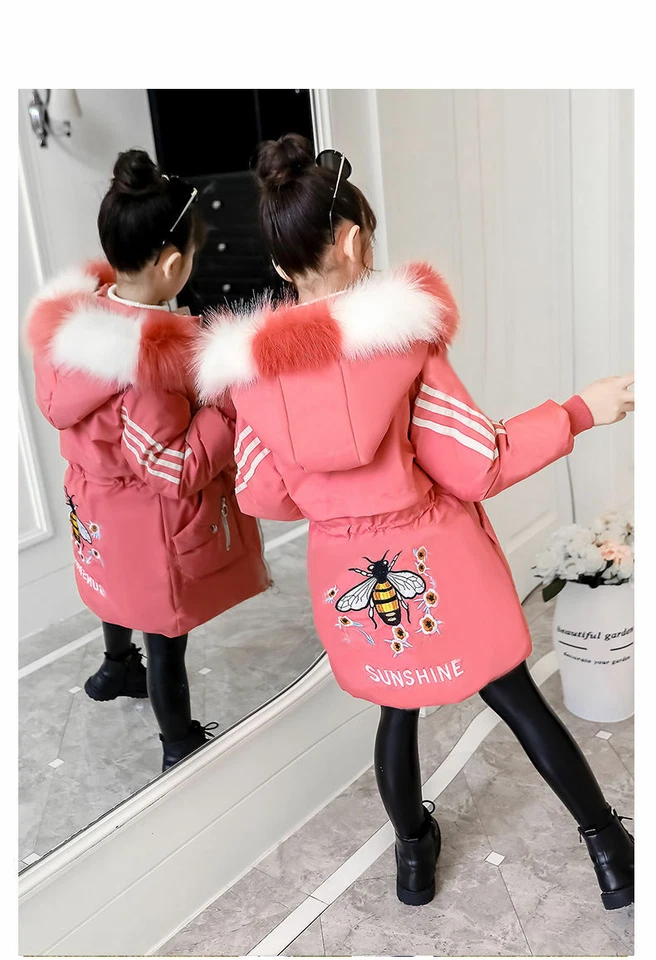 Новый девочек толстое пальто детей с капюшоном с подкладкой толстая парка длинный мех теплая куртка зима - Изображение 4 из 4