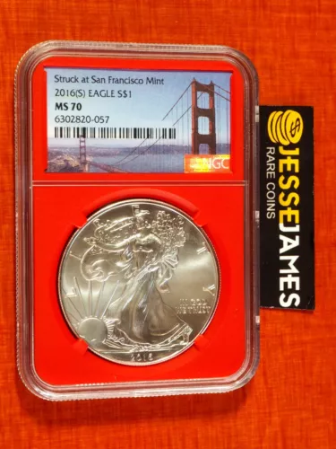 2016 (S) $1 AMERICAN SILVER EAGLE NGC MS70 STRUCK AT SAN FRANCISCO BRIDGE LABEL