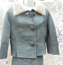Gray wool suit vintage fur collar 60s skirt jacket 100 wool small