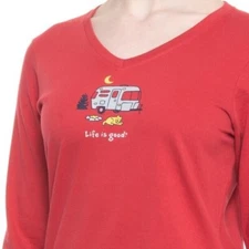 NWT Women's Life is Good Rocket Camper Camping Red LS Crusher Vee