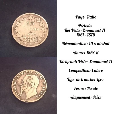Monnaie Italie - 10 Centesimi 1867 H - cuivre - Vitorio Emanuele II - Photo 1/3