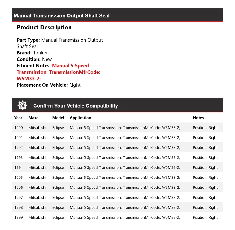 For 1990-1999 Mitsubishi Eclipse Manual Trans Output Shaft Seal Right Timken - Image 2 of 4