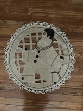 Vtg 22” Centerpiece Doily Tabletopper Linen Embroidery Woman  Art Deco
