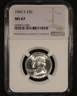 1943-S Washington Quarter - 25c NGC MS67 - Flashy Luster!