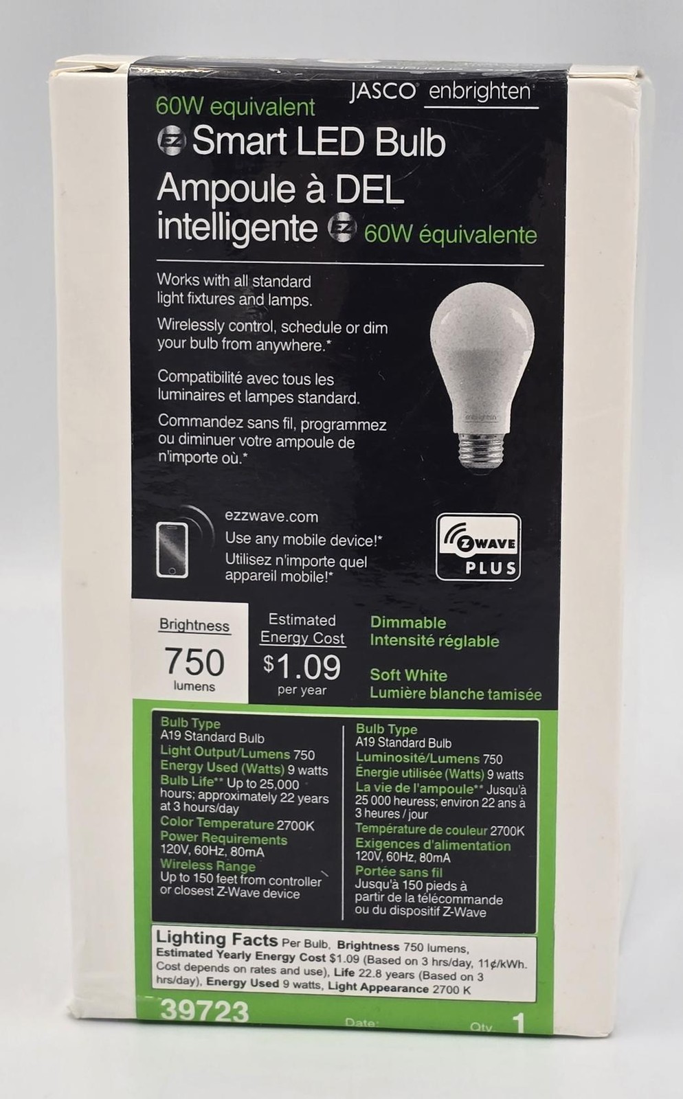 Jasco Enbrighten Smart LED Dimmable A-19 Bulb 750 Lumens Z-W