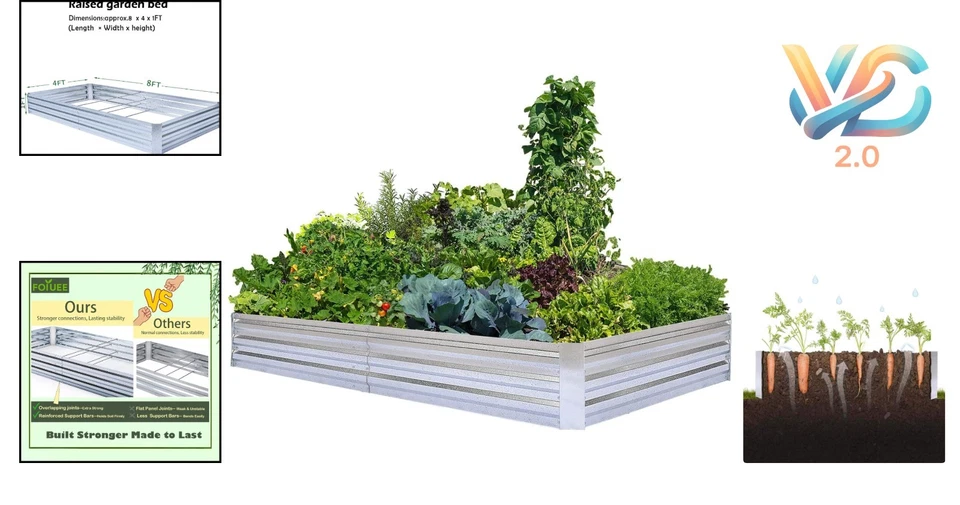 Maceta grande de metal 8x4 pies - Cama de jardín galvanizada duradera con orificio de drenaje Foto 2 de 4