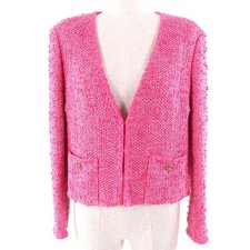 CHANEL collarless jacket COCO Mark Gold Button Tweed pink cotton Women 36 P70041