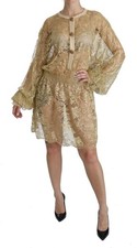 Dolce&Gabbana Women Gold Dress Cotton Lace See Through Knee Length Gown IT 40 S