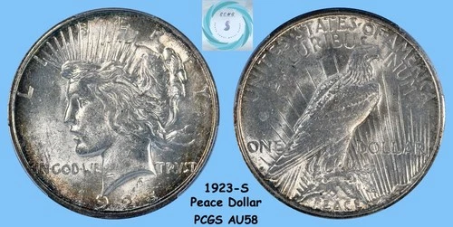 1923-S Peace Dollar PCGS AU58 - Absolutely Stunning Tougher Date Slider!!!!!!