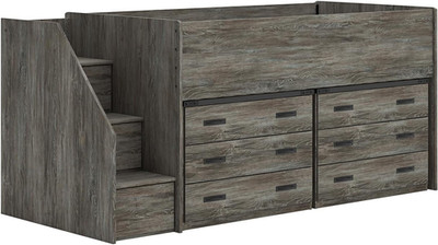 Frandern Twin Loft Bed with 6-Drawer Storage Steps in Rustic Warm Gray Finish