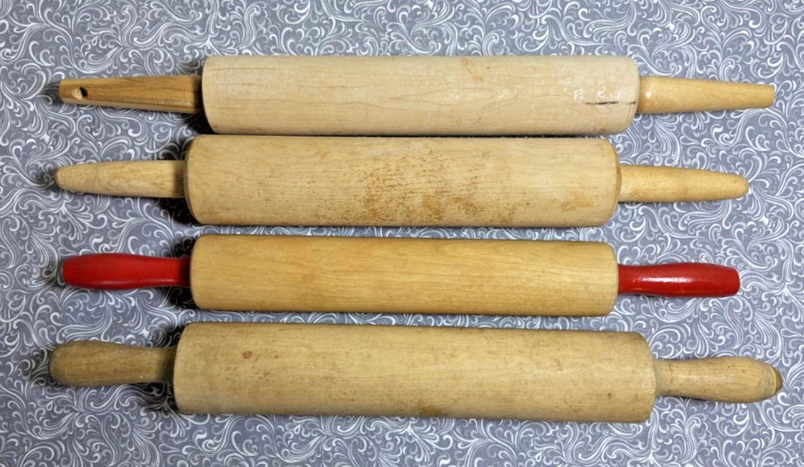 Vintage collection of 4 wooden rolling pins - varied handle designs