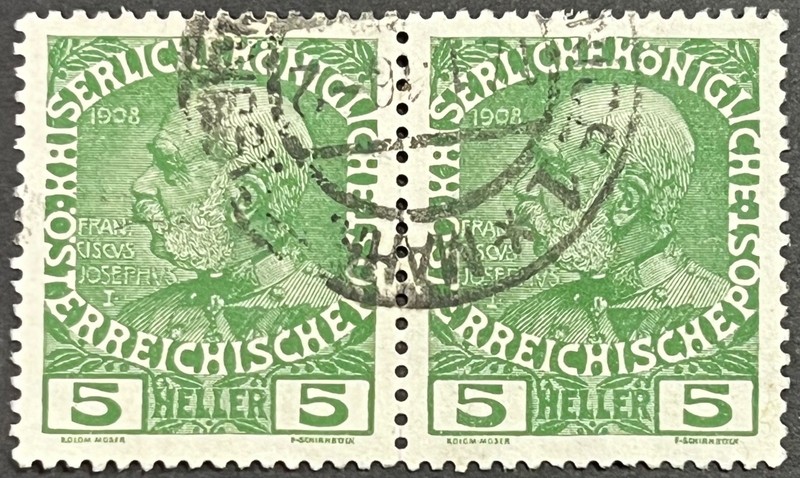 Austria, 60th Anniv. Kaiser Reign, VF, Used strip of 2, Scott #113b, Michel 142v