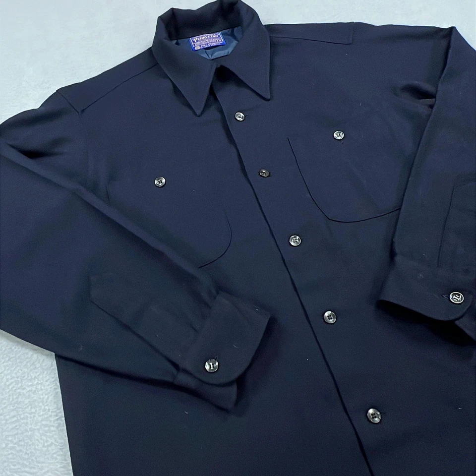 Vintage Pendleton Shirt Men Medium Navy Wool Made USA Workwear 70s Button Up 80s - Image 2 of 4
