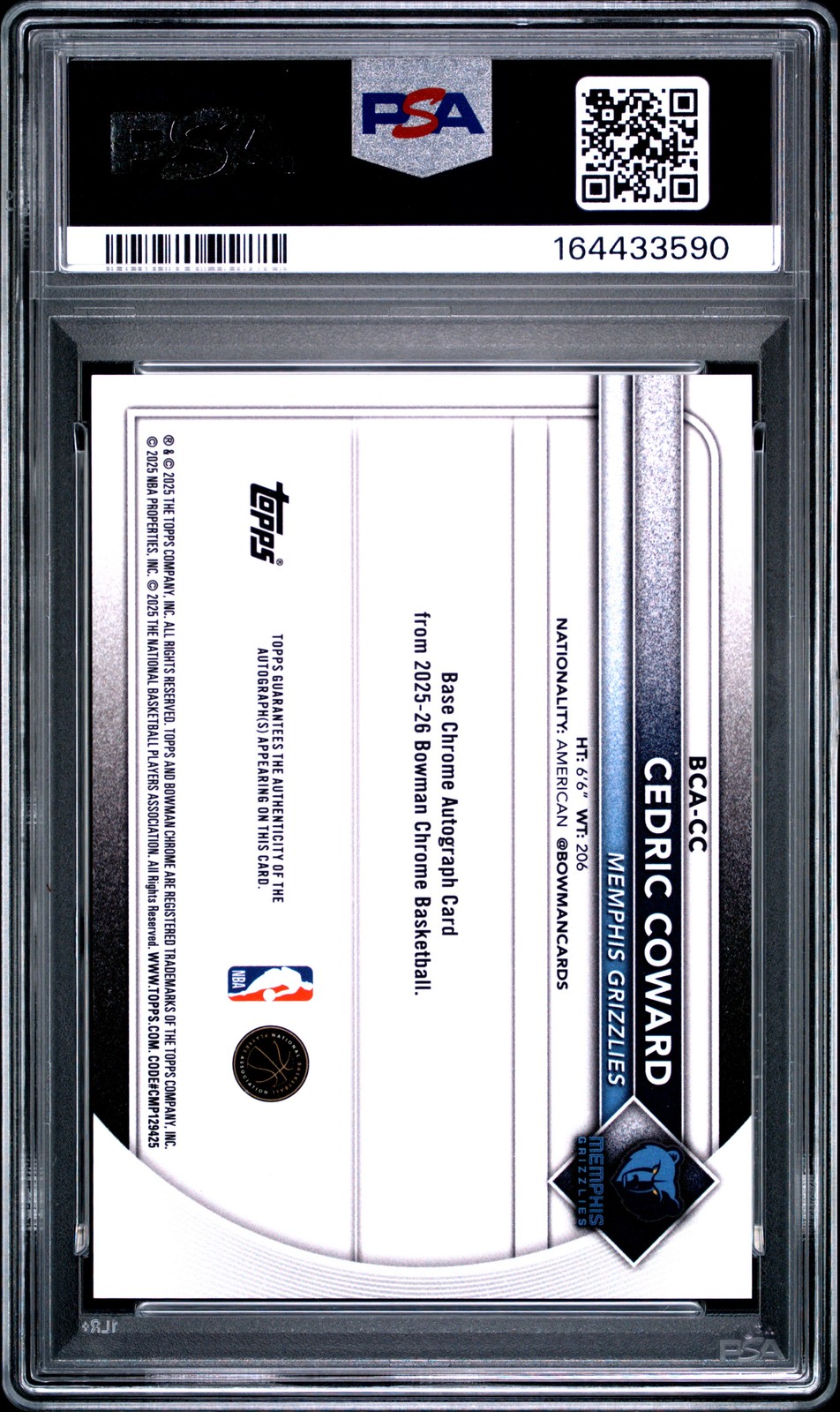 2025 BOWMAN SAPPHIRE EDITION CHROME AUTO ORANGE CEDRIC COWARD 16/25 PSA 9 view 2