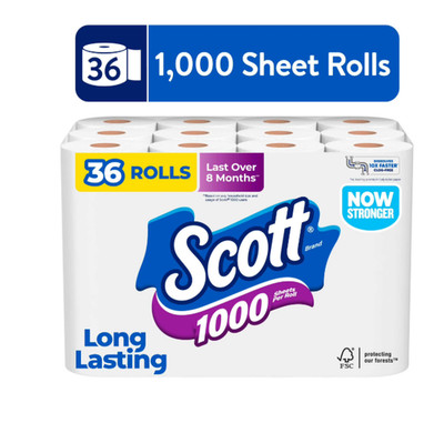 Scott 1000 Toilet Paper, 36 Rolls, 1000 Sheets Per Roll