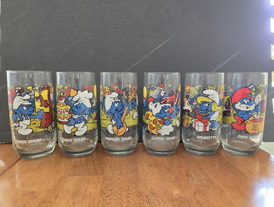Smurfs Set of 6 Decorated Clear Glass Tumblers Handy Baker Harmony Clumsy