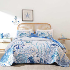 Coastal King Size Quilt Set 3 Piece, Reversible Microfiber Ocean Quilt with 2 Sh