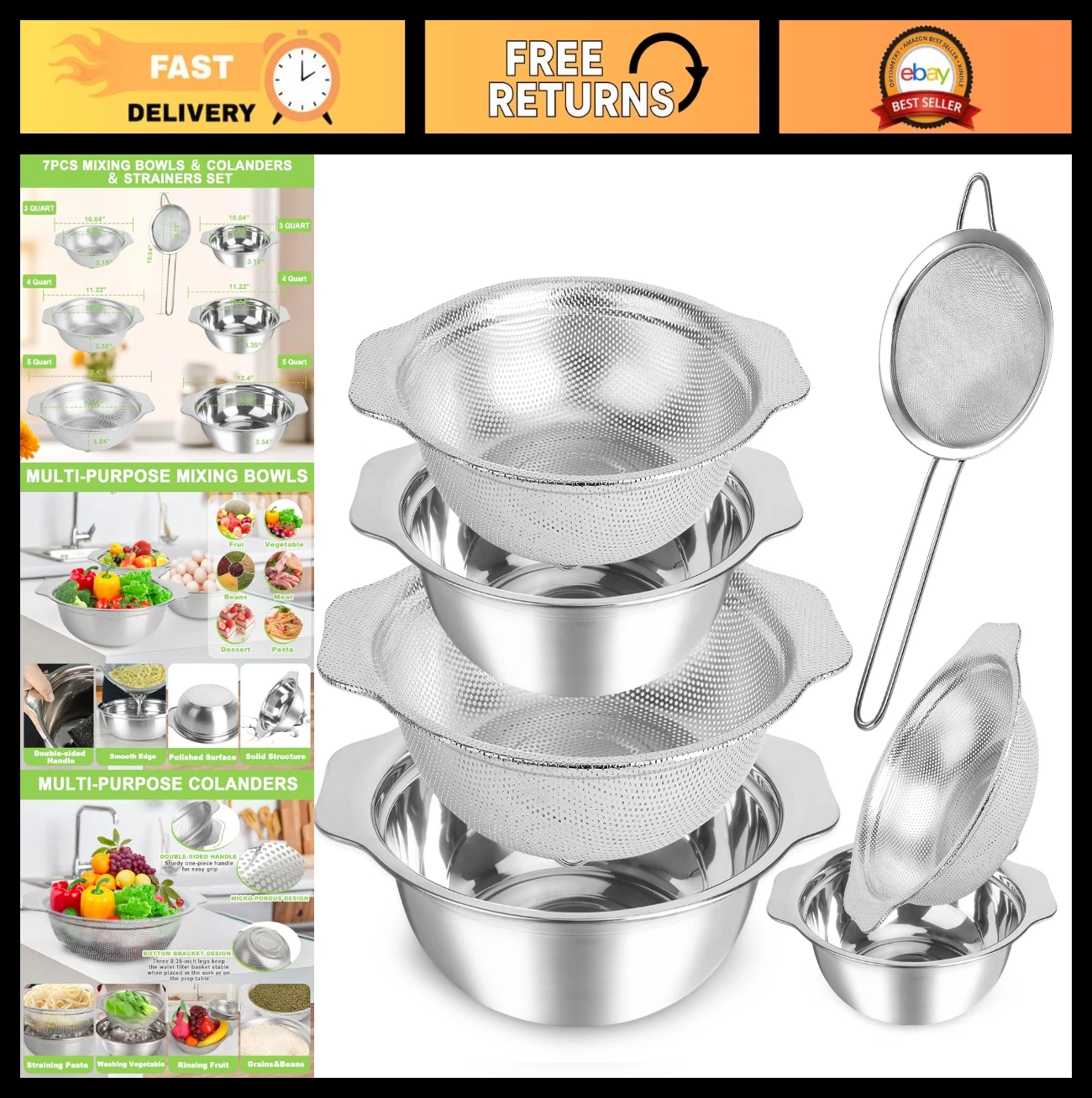 7-Piece Stainless Steel Rice Washer Strainer Set, 3QT/4QT/5QT Colanders for Vegg