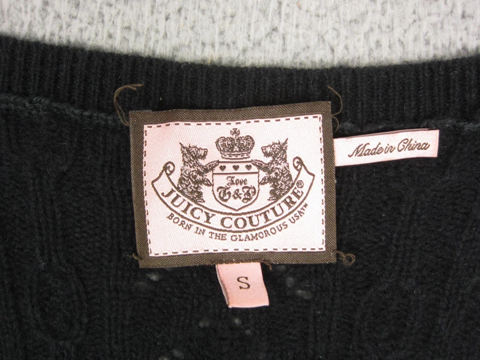 Vestido Suéter Juicy Couture Para Mujer Pequeño Negro Merino Cachemira Tejido con Cable Foto 3 de 4