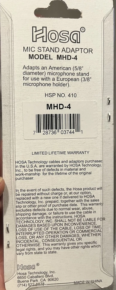 Hosa MHD-4 Mic Stand Adaptor 3/8" Euro Male to 5/8" US Female Adapter Microphone - Image 2 of 2