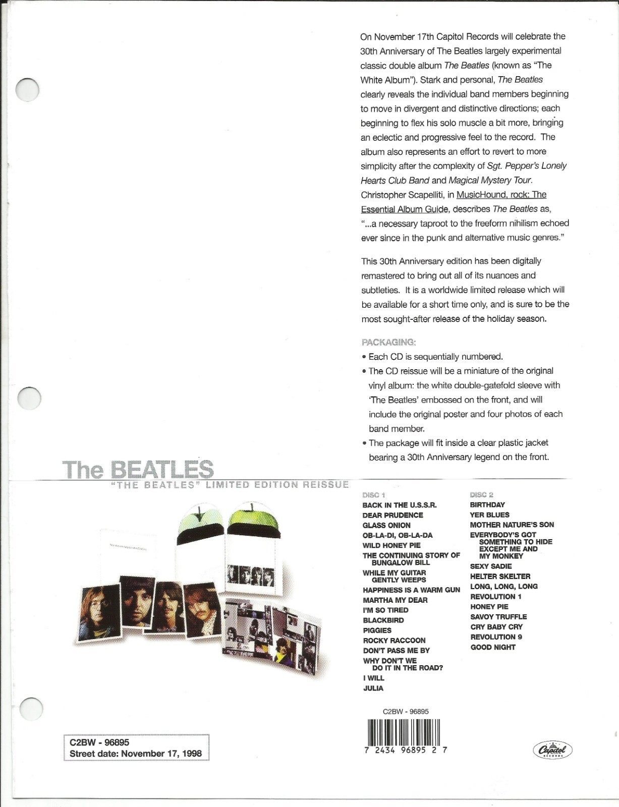 The Beatles 1998 Rare Double-Side Promo Poster for Reissue CDs Featuring John Lennon