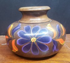 Hand Painted Turned Wood Short Vase Bowl Signed 4" Tall