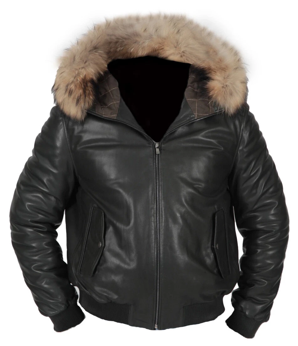 Mens leather bomber jacket with best sale fur hood
