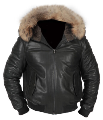 Men's Puffer Bomber Lambskin Fox Fur hood Black Leather Jacket