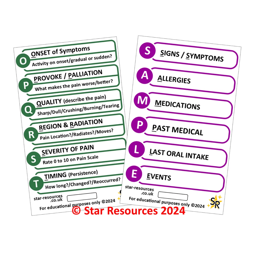 STAR RESOURCES OPQRST and SAMPLE ID Badge Card | Paramedic Flashcard | Nurse Student