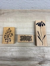 Set Of 3 Mixed Brands Wood Mounted Rubber Stamps Plants