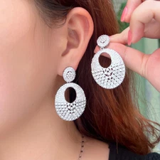 Shiny Cubic Zirconia Paved Silver Plated Round Dangle Earrings for Women Brides