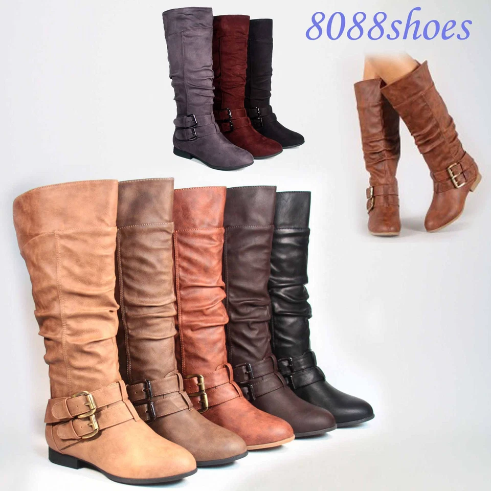 Women's Fashion Low Flat Heel Mid-Calf Knee High Riding Boot Shoes Size 5 -11 - Image 2 of 4