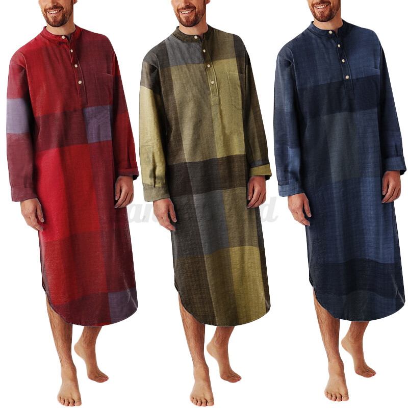 Men Long Sleeve T Shirt Pajamas Dress 100Cotton Check Gown Nightshirt