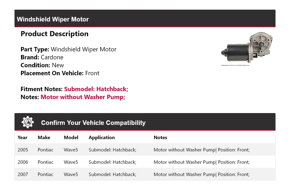 Para Pontiac Wave5 2005-2007 hatchback limpiaparabrisas motor delantero cardone 2006 Foto 2 de 4