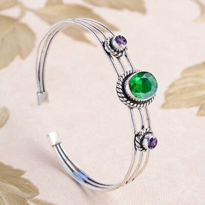 Chrome Diopside & Amethyst Cut Gemstone 925 Sterling Silver Antique Bracelet