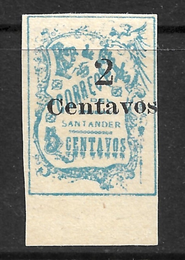 Colombia Santander Scott 65 SG67 XF MNG Beautiful Pale Blue w/Black Surcharge.
