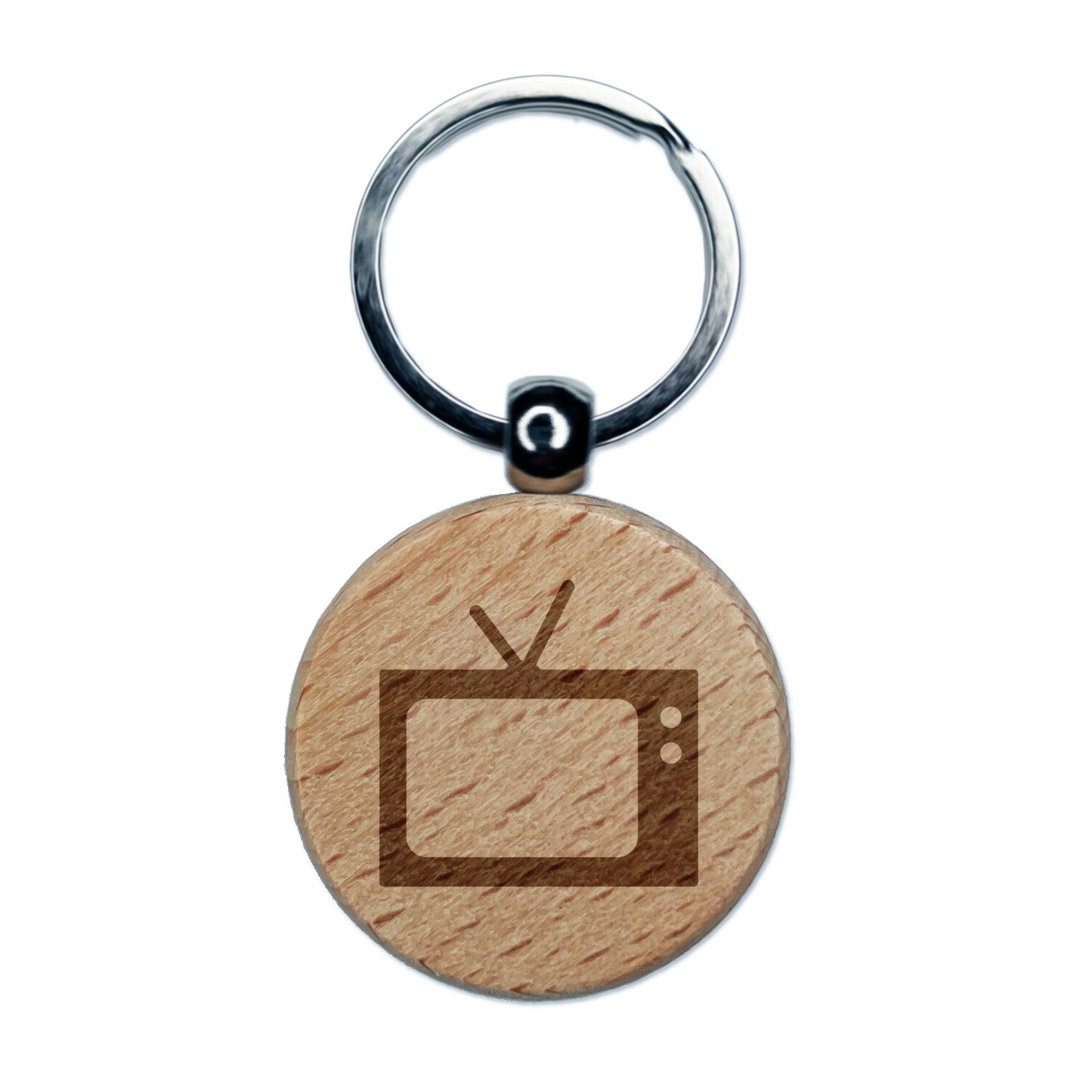 Vintage TV Television Silhouette Engraved Wood Round Keychain Tag Charm