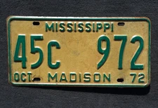 1972 MADISON County MISSISSIPPI License Plate