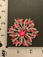 Pink Rhinestone Flower Cluster Brooch Pin Silver Tone Metal 2.25 in