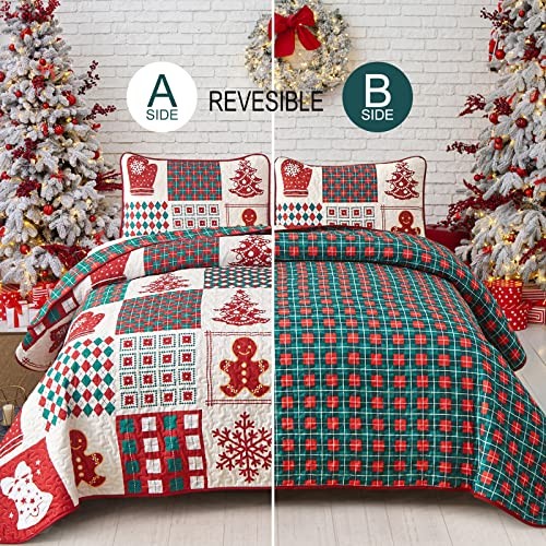 Christmas Quilt Set Reversible Christmas Tree Snowman Snowflake Queen - Picture 4 of 8
