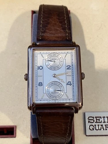 RARE Seiko Quartz Tank Watch 7F22-5019 Dual Crown Vintage Rectangular FOR REPAIR