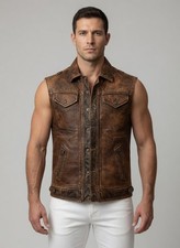 Men  s Vintage Distressed Brown Leather Biker Vest   Sheepskin Waistcoat