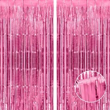 2 Pack Thicken Pink Foil Fringe Curtains Decorations 3.2x8.2ft Photo Backdrop